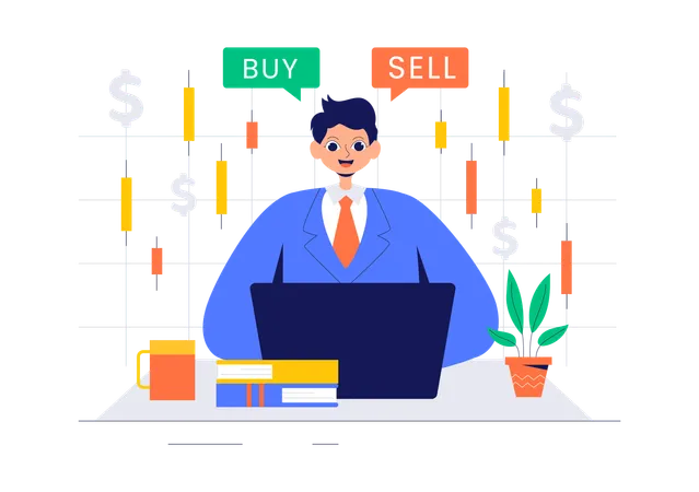 Trader financeiro verificando gráfico de velas  Ilustração