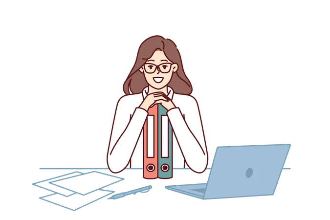 Business Woman Sits At Table Leaning On Folders And Smiling Looking At Camera Rejoicing At Success In Career As Office Clerk Girl Manager With Documents On Desk Rejoices At End Of Business Audit Illustration