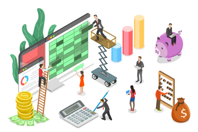 3 D Isometric Flat Vector Conceptual Illustration Of Financial Accounting Bookkeeping Report Generating 일러스트레이션