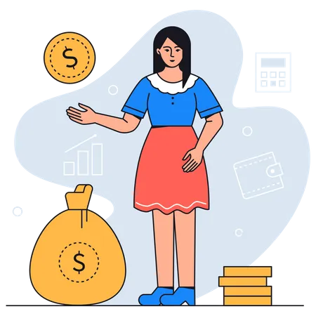 Financial Advisor Colorful Flat Design Style Poster With Thematic Icons A Composition With A Young Woman Money Sack And Coin Stack Diagrams Calculator Wallet Finance App Safe Images Illustration