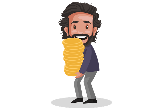 Financial Advisor holding gold coin pile in his hand  Illustration