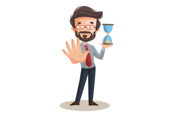 Financial advisor is holding hourglass timer in hand and showing stop hand sign  Illustration