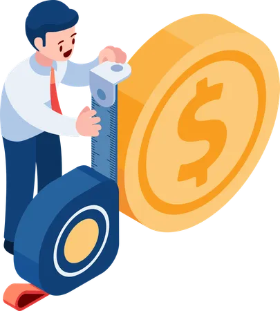 Flat 3 D Isometric Businessman Measuring Money Coin Financial Analysis And Investment Planning Concept Illustration