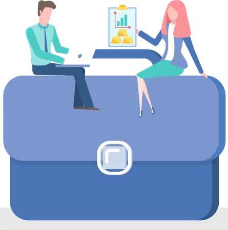 Investment Concept Cartoon People Man And Woman Sitting On Business Briefcase Vector Financial Analytics With Chart On Folder And Male Working On Laptop Illustration