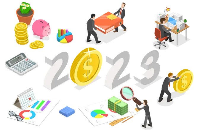 3 D Isometric Flat Vector Conceptual Illustration Of New Year 2023 And Financial Audit Company Performance Analysis And Statistics Illustration