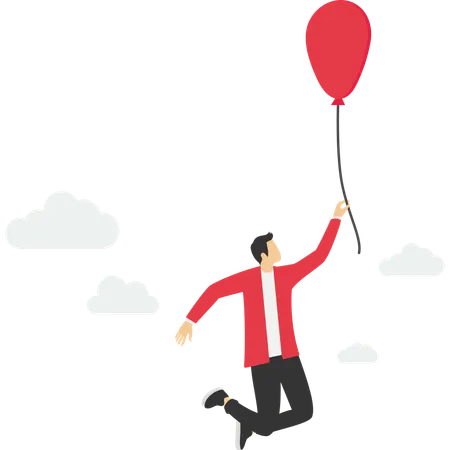 Financial Bubble By QE Injected Money Concept Businessman Investor Holding Flying Balloon Tight Afraid To Fall Off Illustration