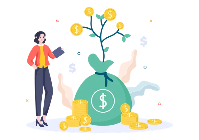 Money Tree Of Financial Business Investment Profit Flat Design Vector Illustration With Dollar Banknotes And Golden Coins For Poster Or Background Illustration