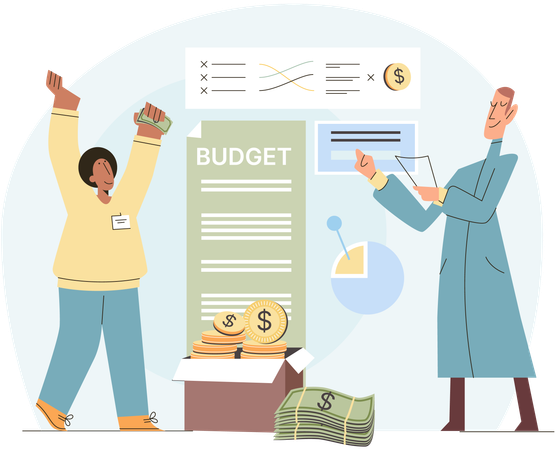 Financial consultants analyze income and expenses of company budget  Illustration