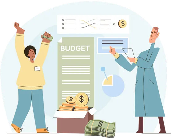 Financial consultants analyze income and expenses of company budget  Illustration