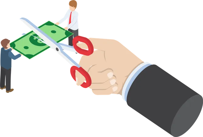 Isometric Businessman Hand With Scissors Cutting Money Value Of Money Decreasing Reducing Cost Financial Crisis Concept VECTOR EPS 10 Illustration
