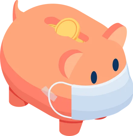 Flat 3 D Isometric Piggy Bank Wearing Medical Face Mask On White Background Financial Crisis And Money Saving During Covid 19 Pandemic Illustration