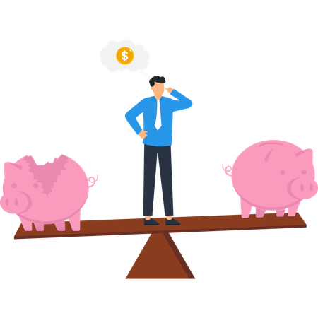 Financial decision  with a man balancing on a scale between a broken and a full piggy bank  Illustration