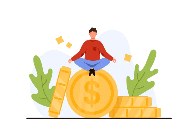 Financial Expert Money Guru Shares Success Of Wealth Strategy Tiny Man Sitting On Golden Dollar Coin In Peace Meditation Balance Between Investment Payment And Earnings Cartoon Vector Illustration Illustration