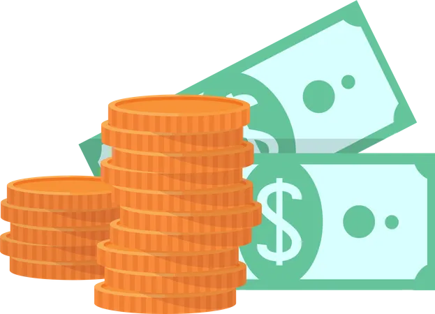 Two Stacks Of Gold Coins And Two Green Banknotes With Dollar Sign Currency Savings Cash Earning Isolated On White Money Symbol Icon Flat Vector Illustration