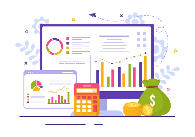 Financial Report Vector Illustration With Data Charts Graphs And Diagrams On Finance Transaction Analysis And Statistic Online In Flat Background Illustration