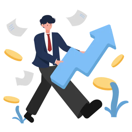 Business Success Vector Illustration A Businessman Holding A Large Upward Arrow Surrounded By Coins And Papers Symbolizing Financial Growth And Success Ideal For Business Presentations Financial Reports And Marketing Materials Ilustración
