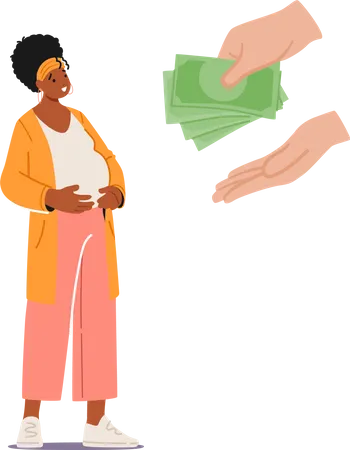 Hand Giving Money To Pregnant Woman Female Character Getting Social Financial Help Assistance For Future Mother Pregnancy Maternity Support Concept Cartoon People Vector Illustration イラスト