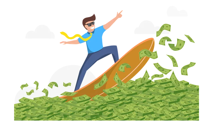 Businessman Surfing Financial Seas Riding Dollar Cash Money Waves On Surfboard Showing Victory Gesture Successful Trader On Peak Of Profitability Business Success Concept Flat Vector Illustration Illustration