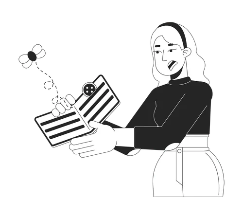 Financial Insecurity Black And White Cartoon Flat Illustration Disappointed Caucasian Woman With Empty Wallet 2 D Lineart Character Isolated Lack Of Money Monochrome Scene Vector Outline Image Illustration