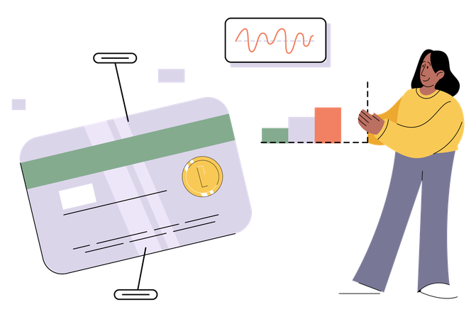Financial investment growth with woman analyzes profit on bank card  Illustration