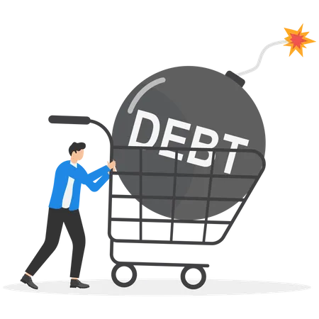 Businessmen Walk With A Shopping Cart With A Big Bomb With The Word Debt Income Debt Or Financial Loan And Mortgage Concept Modern Vector Illustration In Flat Style Illustration