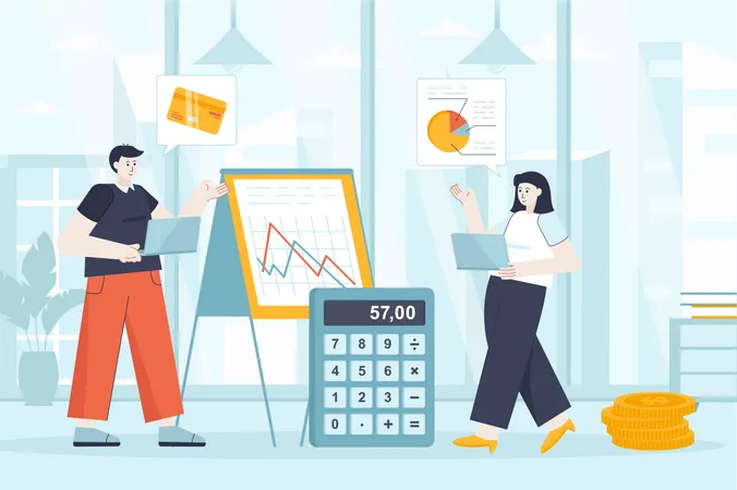 Financial Management Concept In Flat Design Employees Work In Office Scene Man And Woman Analysis Data Graphics Accounting Investment Vector Illustration Of People Characters For Landing Page Illustration