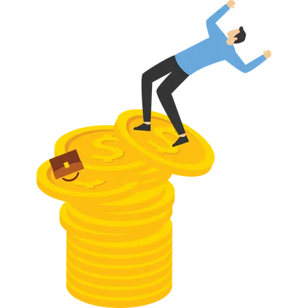 Financial Instability Concept Uncertainty Or Unstable Investment Market Risky Situation Economic Recession Crisis Or Bankruptcy Businessman Investor Falling From Stack Of Unstable Money Coins Illustration