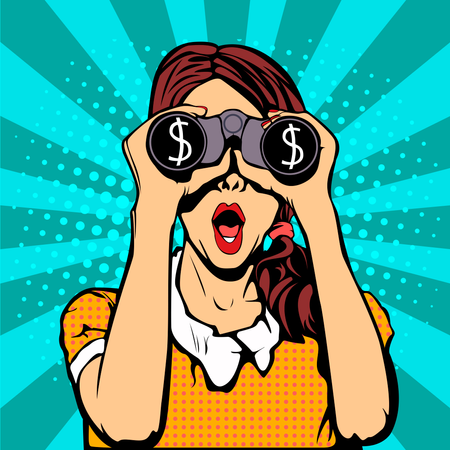 Financial monitoring of currency dollar businesswoman binoculars pop art retro style  Illustration