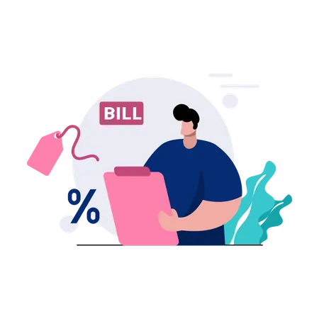 Financial Plans Flat Illustration Male Character Recapitulating Data On Shopping Bills Insurance Blue Pink Color Business Concept Isolated White Suitable For Web And Mobile App Design Illustration