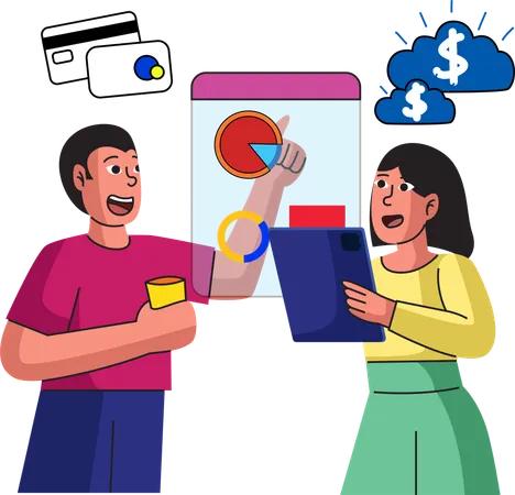 This Illustration Depicts A Woman Actively Engaging With A Fintech App Which Displays A Circular Diagram On A Large Screen The Design Highlights Interactive Financial Analysis Likely For Budgeting Or Investment Assessments Illustration