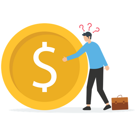 Financial questions, experiencing financial problems or investment problems, Frustrated man near huge coin thinking of financial problems Illustration