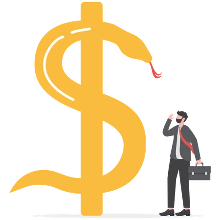 Financial Risk Gambling Money Or Investment Risk Danger Money Game Opportunity To Make Profit And Lose Money Concept Businessman Investor Looking At Giant Snake Dollar Sign And Think Wisely Illustration