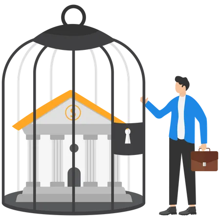 Financial Sanction Disconnect From SWIFT International Money Transfer Lockdown Bank Transaction Against Russian War Concept Businessman Look At Bank Building Locked Inside Bird Cage イラスト