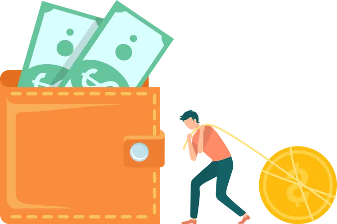 Man Character Pulling Rope With Coin Scene Of Earning Money Cash With Dollars Worker With Currency Investment Or Profit Element Capital Sign Vector Illustration