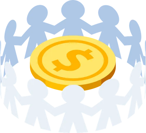 Flat 3 D Isometric Paper People Surrounded Golden Dollar Coin Money Protection And Financial Saving Insurance Concept Illustration