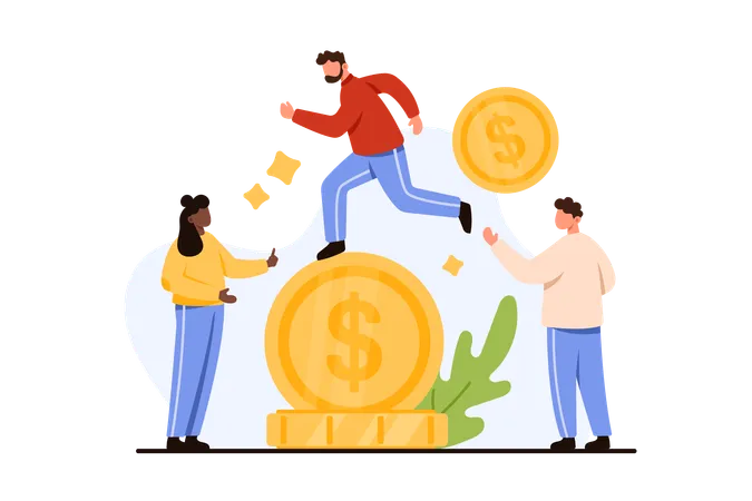Financial Stability Stable Balance Of Investment Market Tiny Businessman Balancing On Gold Dollar Coin With Business Team Support Success Management And Wealth Strategy Cartoon Vector Illustration Illustration