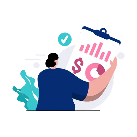 Financial Statements Flat Illustration Male Character Holding A Report Containing Financial Chart Analysis Blue Pink Color Business Concept Isolated White Suitable For Web Design And Mobile App Illustration