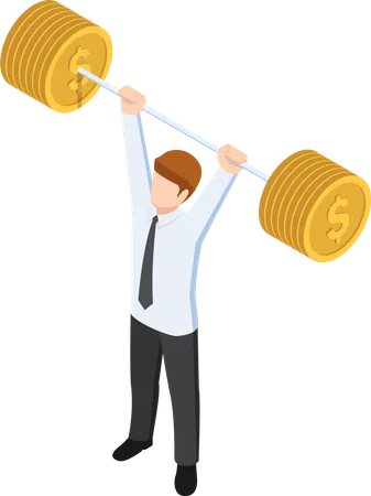 Flat 3 D Isometric Businessman Lifting Barbell Coins Financial Strength Concept Illustration