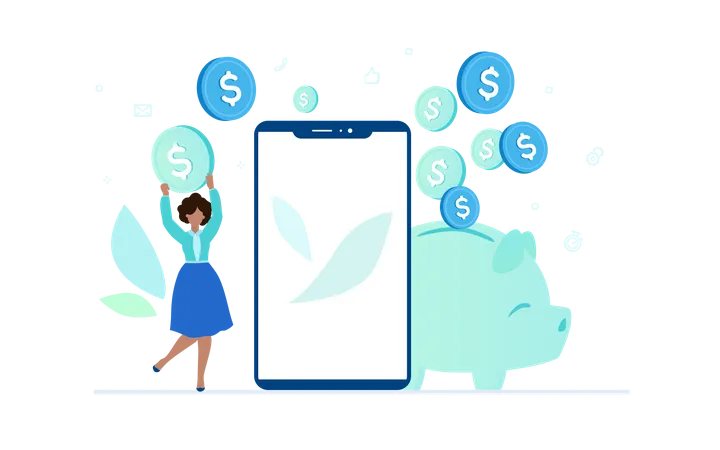 Financial Success Colorful Flat Design Style Illustration On White Background A Composition With A Piggy Bank A Businesswoman Holding A Coin A Smartphone With Place For Your Image On The Screen Illustration
