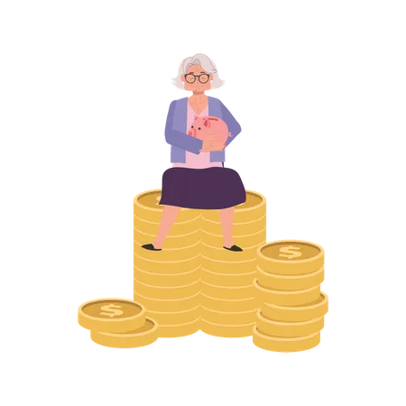 Financial Success Happy Elderly Woman Holding Piggy Bank Sitting on Coin Stack  Illustration