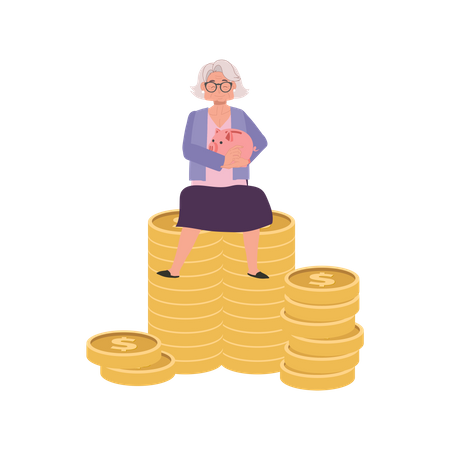 Financial Success Happy Elderly Woman Holding Piggy Bank Sitting on Coin Stack  Illustration