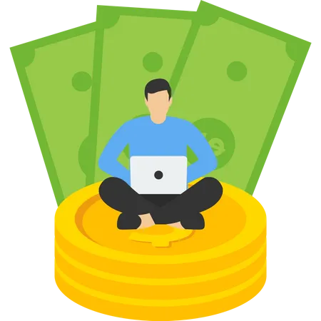 Financial Well Being Making Money Or Wealth Accumulation The Concept Of Income Salary Or Wages Money Management Saving Or Investment Successful Woman Lotus Meditating On A Pile Of Banknotes And Coins Illustration