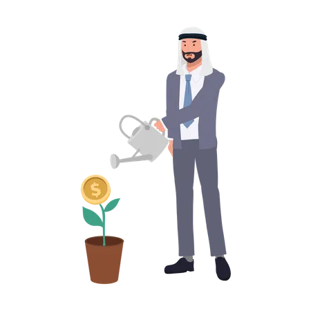 Financial Investment Concept Arab Businessman Watering Profit Plant Tree Illustration