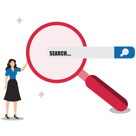 Find new job or explore website concept, looking for job vacancies, browse the internet to get information, search concept, woman looking for job information in the search box using magnifying glass  Illustration