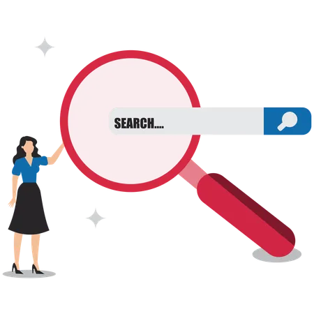 Find new job or explore website concept, looking for job vacancies, browse the internet to get information, search concept, woman looking for job information in the search box using magnifying glass  Illustration