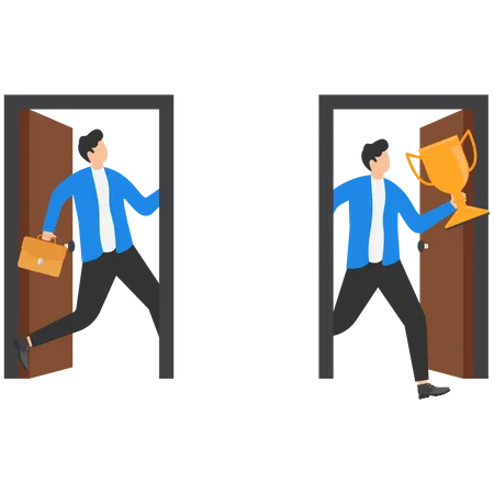 Fast Career Growth Or Good Strategy Usage For Achieving Goal Quickly Concept Businessman Running Into Dimensional Door To Grab Trophy Illustration
