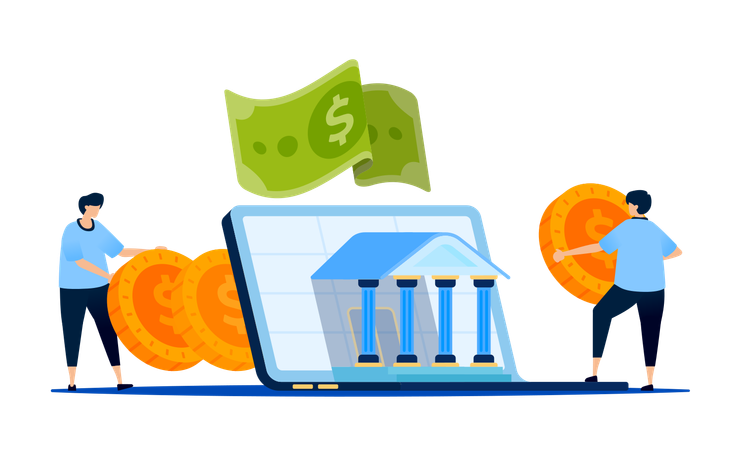 Fintech and digital banking with laptops emerging from  central bank building  Illustration