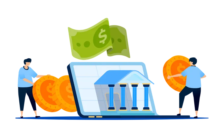 Fintech and digital banking with laptops emerging from  central bank building  Illustration
