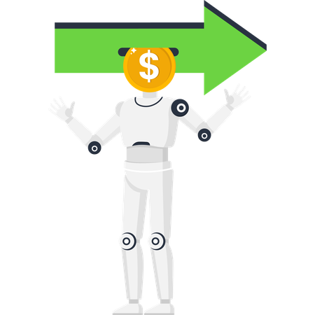 Fintech robot with dollar coin head and green arrow symbolizing automated investment  Illustration