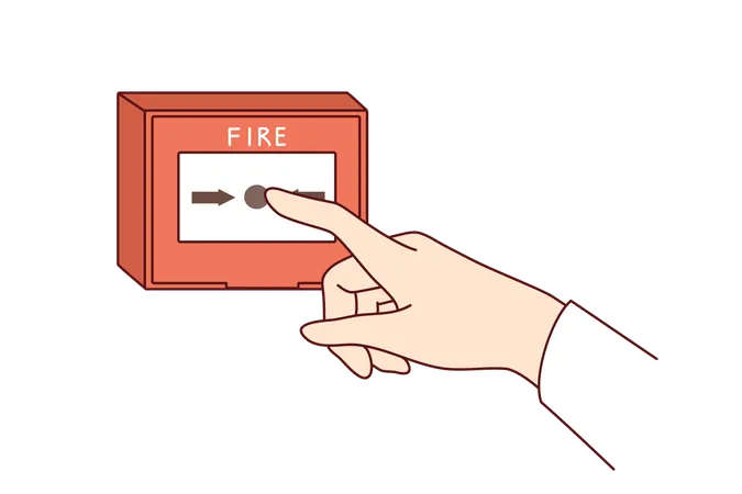 Fire alarm button on wall and hand of person who wants to notify everyone about emergency situation  Illustration